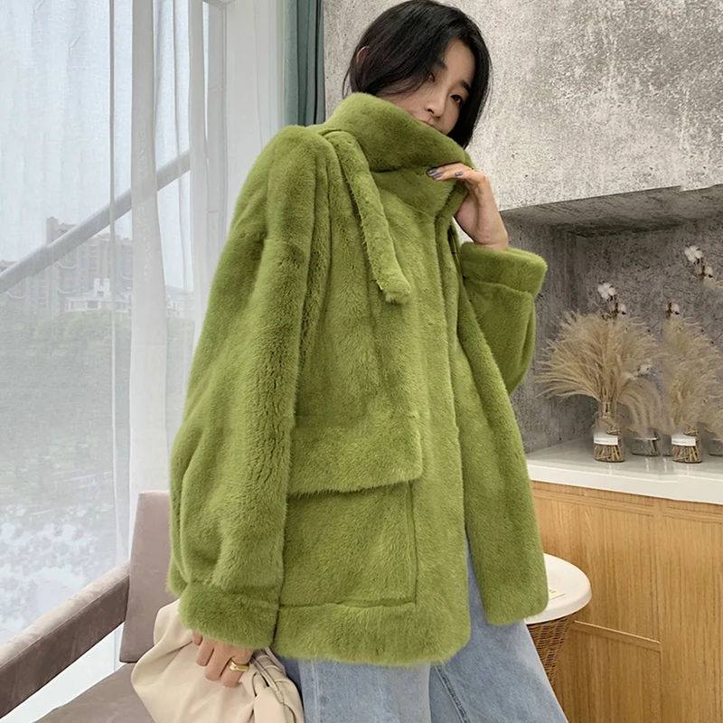 Ftangaiur New Winter Import Velvet Mink Coat Mandarin Collar Pure Color Natural Fur Coat Women's Medium Real Mink Fur Coats