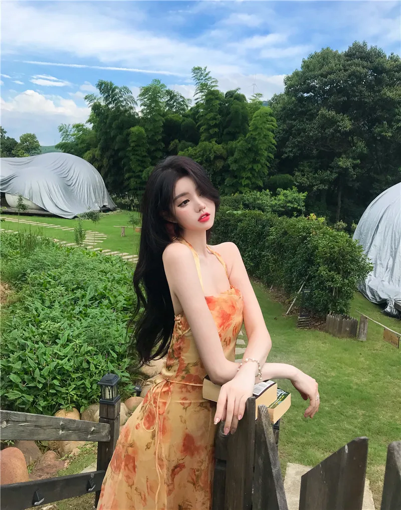 Women Midi Floral Halter Slip Dress Summer 2021 Vintage Painting Flowers Backless Casual Party Night Vacation Runway Vestidos