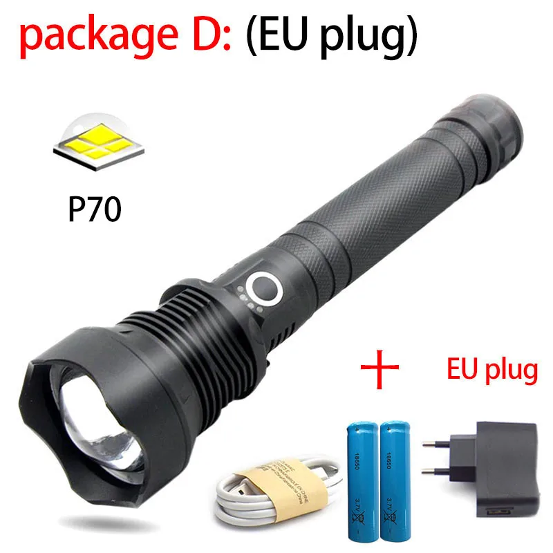 Супер мощный светодиодный XHP50 xhp70.2 светодиодный фонарик 18650 usb Перезаряжаемые тактический вспышка прожектор лампа фонарь с масштабированием факел p50 - Испускаемый цвет: package D EU plug