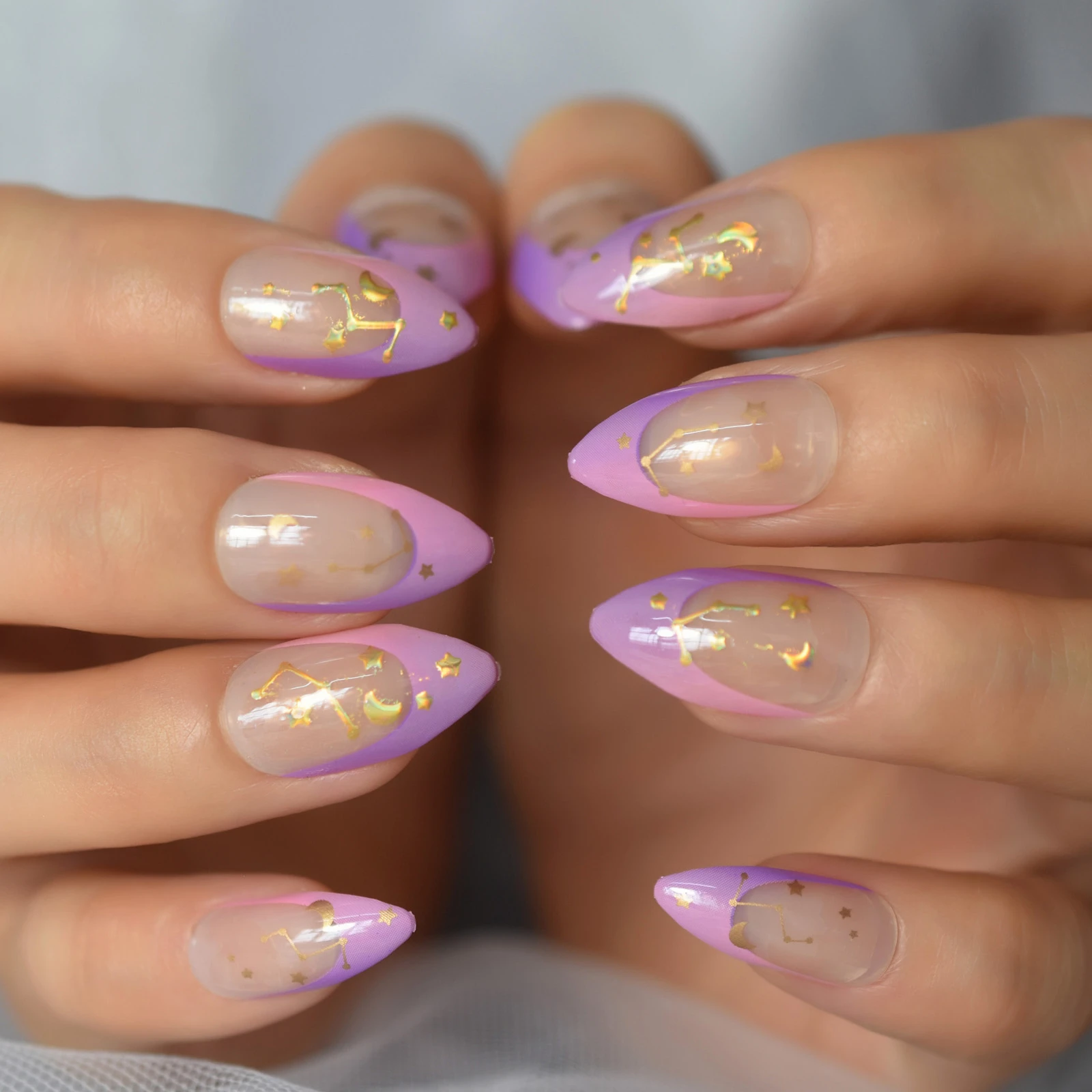 28pcs Nude Purple Short Almond Press On False Nails With Designs Gold Moon  Starts Glossy Gel Fake Nails Finger Nail Decorations - False Nails -  AliExpress
