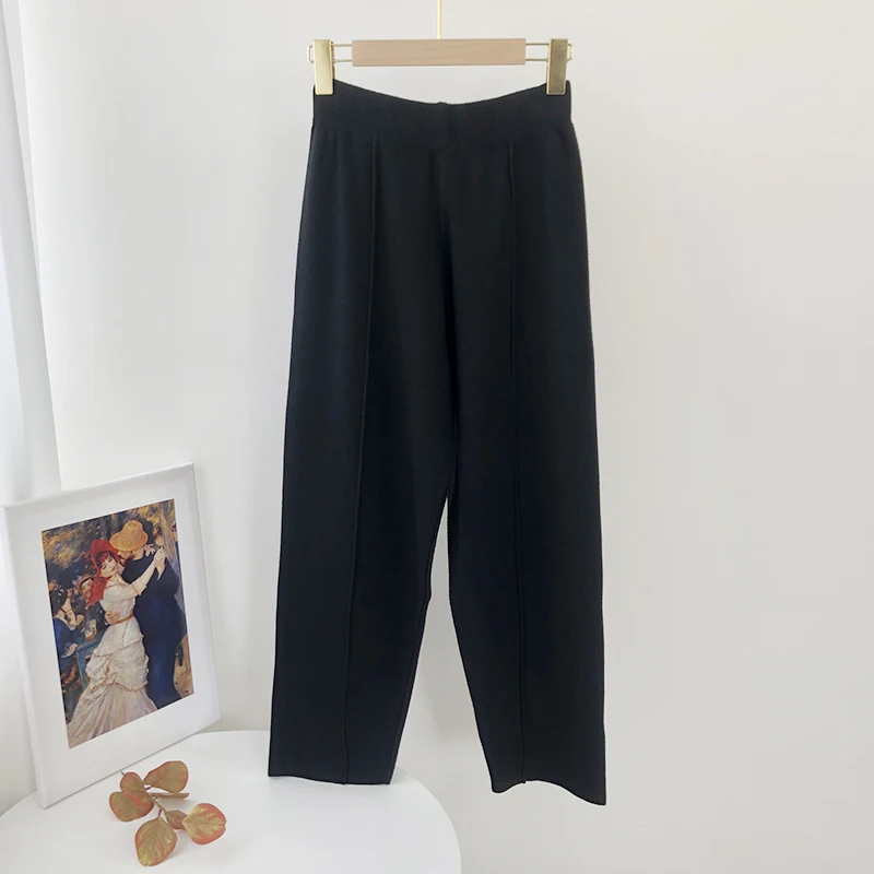 Aachoae Loose Solid Knitted Pants Women Elastic Waist Casual Lady Pants Pleated Leisure Home Wear Long Pants Female Pantalon