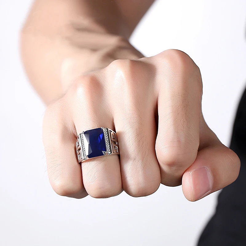 Silver Gemstone Ring Men Wedding Jewelry with Sapphire Zircon