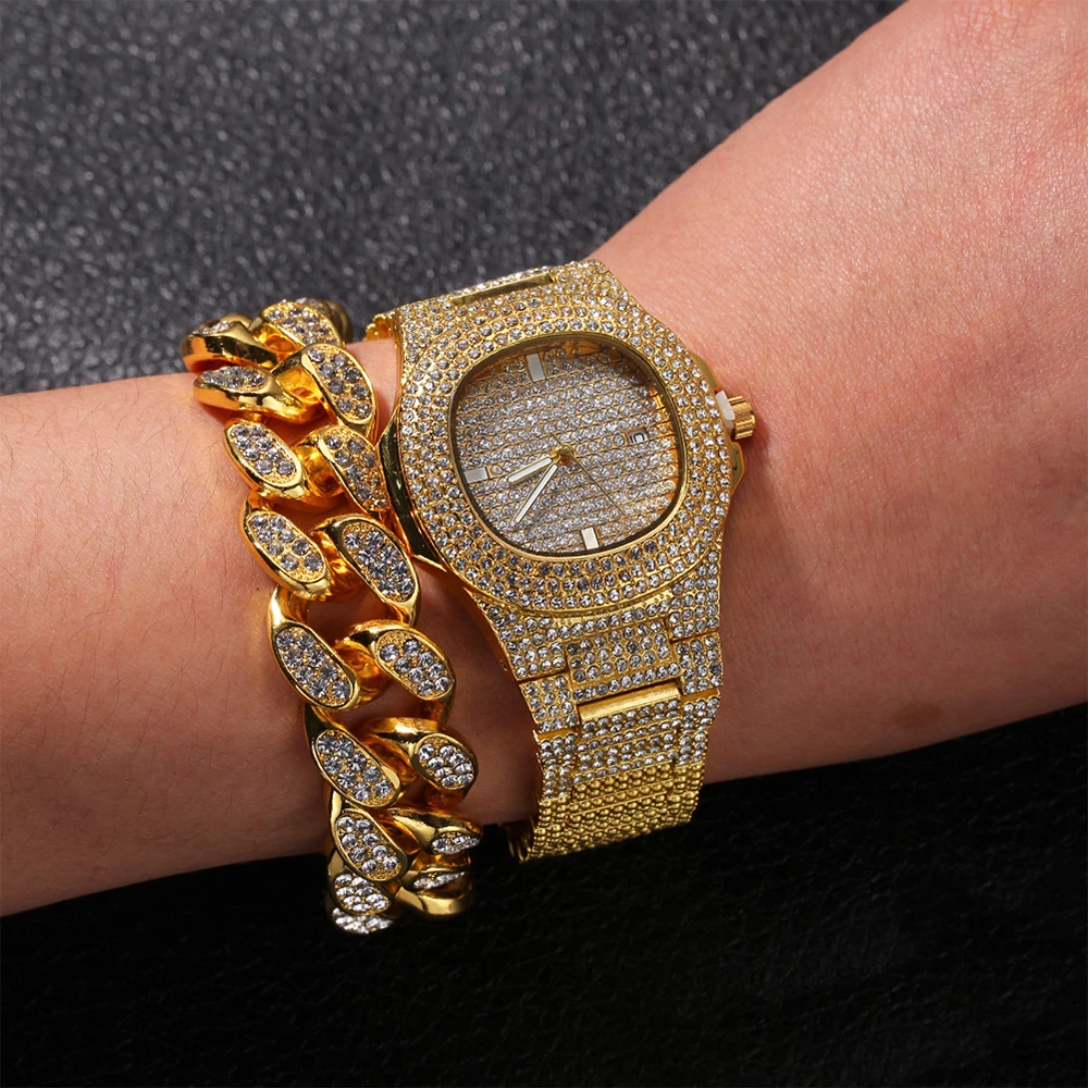 

Hip Hop Watch & Bracelet Combo Set Bling Iced Out Crystal Watch Miami Cuban Chain Rapper Men's Luxury Jewelry Set