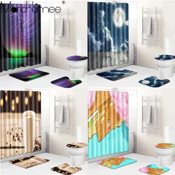 

Home Decoration Polyester Shower Curtain Bathroom Waterproof with Hooks Pedestal Rug Lid Toilet Cover Bath Mat Screen Curtains