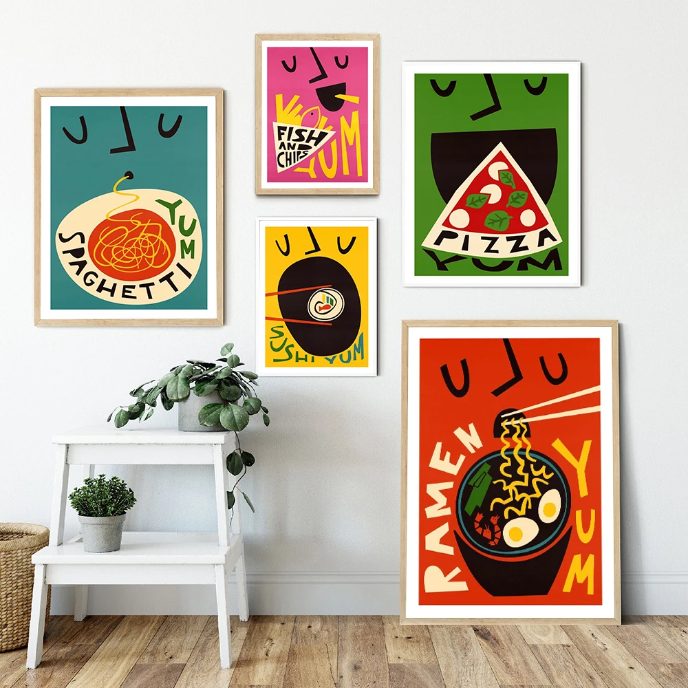 Cartoon Funny Food Poster Yum Coffee Pizza Ramen Sushi Burger Print Canvas Painting Club Bar Shop Kitchen Wall Pictures Decor