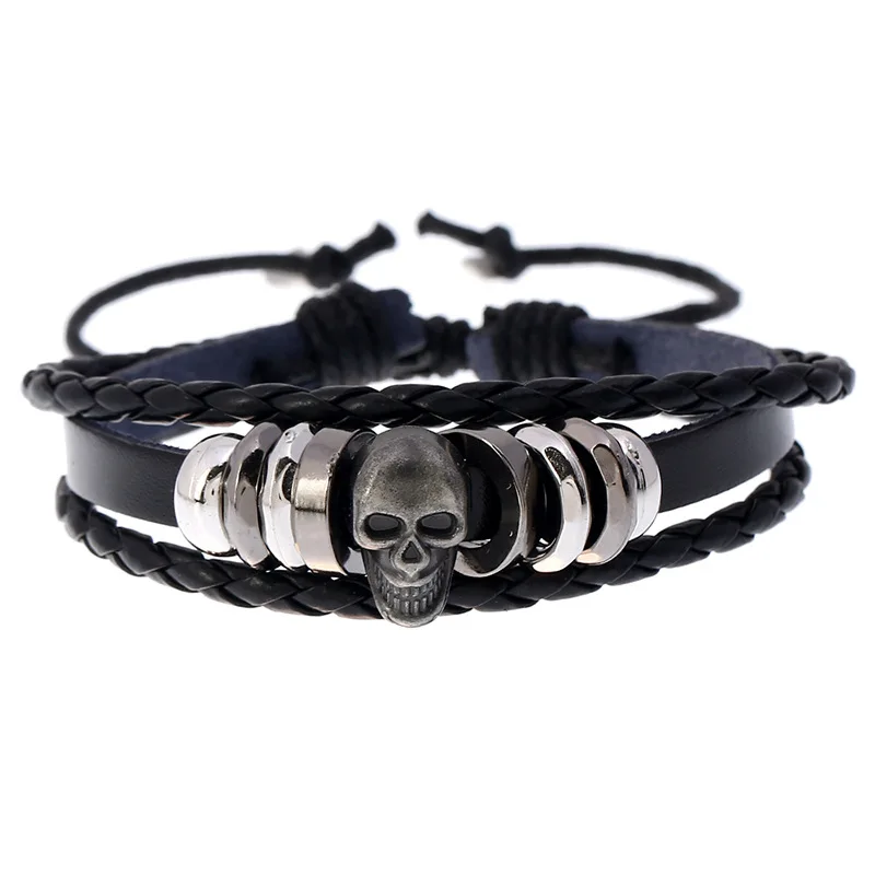 

Jessingshow Punk Manual Weave For Men Bracelet Fashions Hand Strap Creative Multi-layer Leather Bracelet Alloy Skull Accessories