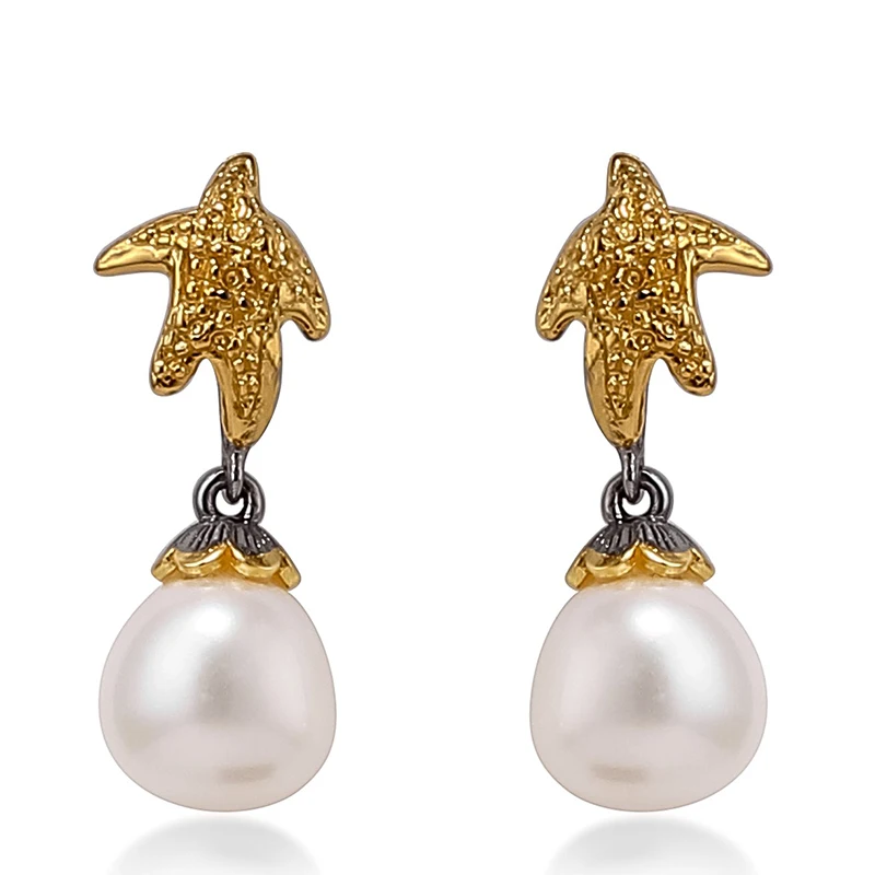 

Jewelry Europe and the United States new original design hand inlaid starfish earrings S925 silver baroque pearl earrings