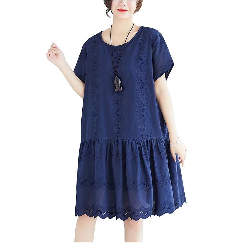 

2022 High Quality New Women's Dress Summer Short Sleeve O-Neck Dress Loose Hollow Cozy Cotton Dress Double Layer Dresses G914