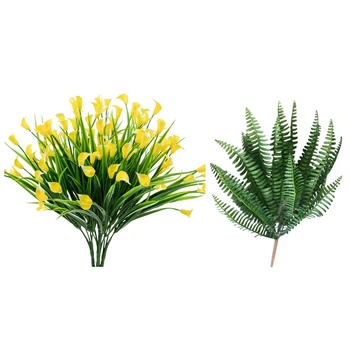 

2 Set Artificial Plant: 1 Set 7 Branches Green Floral Persian Leaf Flower & 1 Set 4 Pcs Artificial Flowers Outdoor Yellow Calla