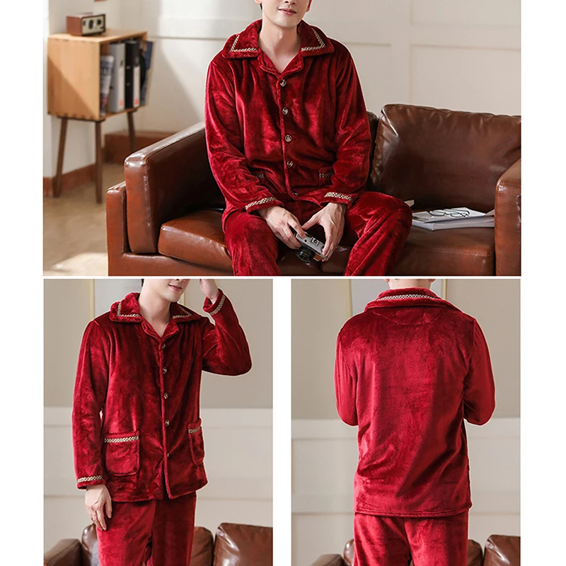 Man Quality Thick Warm Pajama Sets Men Flannel Long Sleeve Sleepwear Fashion Solid Color Homewear For Male silk pajama set