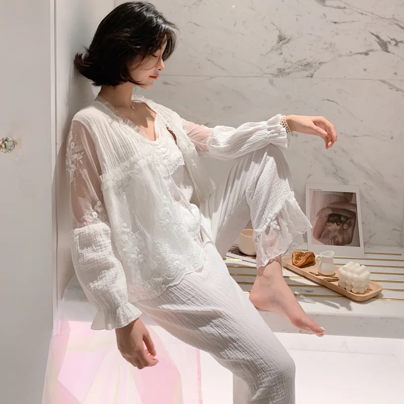 Smmoloa Double Layers Sleeveless Lace Pajama Women Sleep Lounge Sexy Pajama