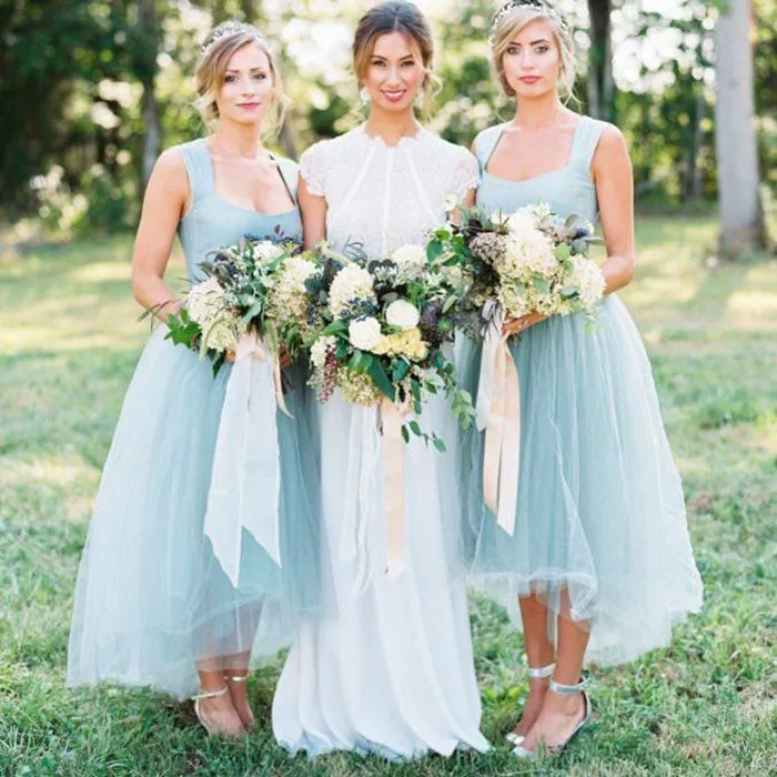 

New Arrival Elegant Sky Blue Bridesmaid Dresses 2019 Long A line Lace Up Wedding Party Porm Women Dresses