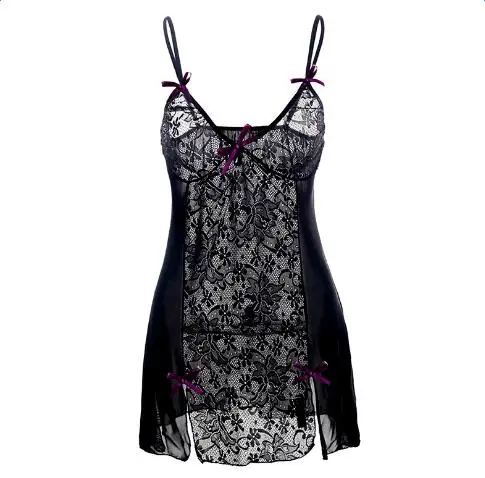 Black and Purple Bow Пикантные Для женщин кружевные стринги Эротическое ночной пеньюар ночная рубашка - Цвет: Black and Purple Bow