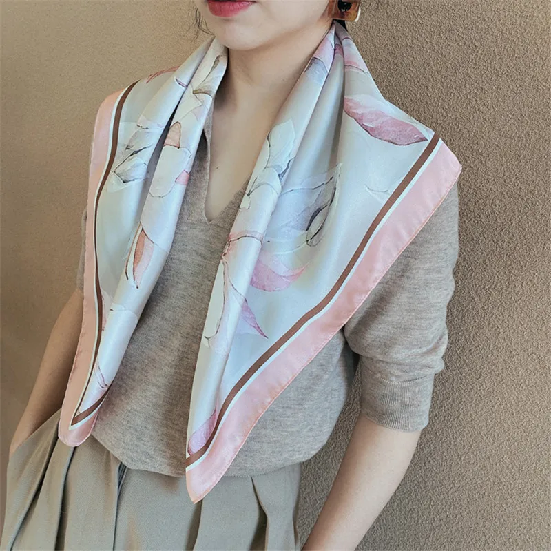 

Oloey New Elegant Print 70*70 cm Scarf For Women Simulation Silk Floral Square Scarves Female Wild Thin Shawl
