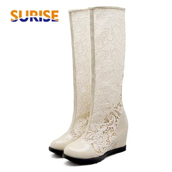 

2020 Big Size Woman Summer Knee High Boots 8cm Height Increased Wedge Heel Round Toe Club Embroidery Mesh Zipper Lady Long Boots