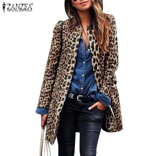buy Fashion ZANZEA Women Leopard Print Thin Coats Long Sleeve Open Front Long Jackets Casual Autumn Car