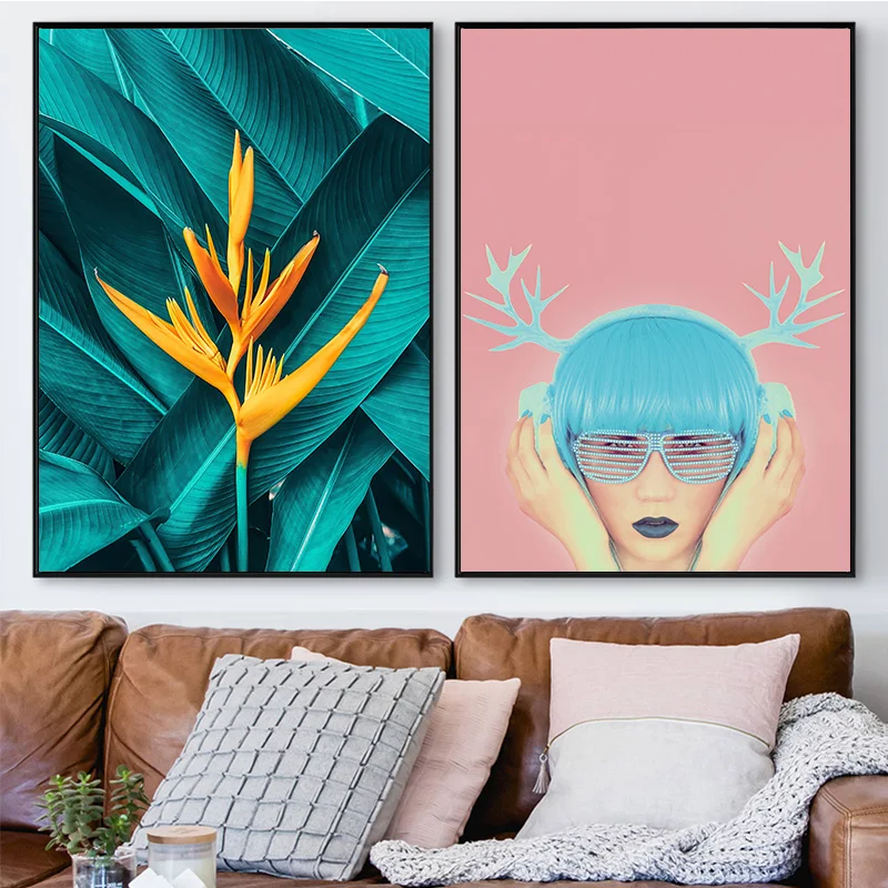 Modern Style Fashion Girl Canvas Painting Yellow Flower Green Leaves Posters And Prints Wall Pictures For Living Room Decor | Дом и сад