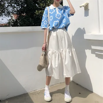 

Women Pure White Skirts Plain Skirts Summer Spring Fashion Korean Sweet Chic Solid Color Skirt Patchwork Creased Mid-Calf Skirt