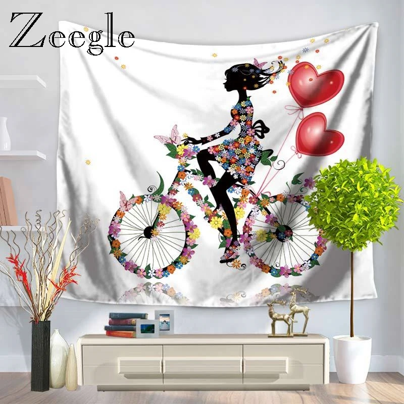 Zeegle Flower Girl Pattern Hanging Wall Tapestries Bohemian Tapestry Landscape Polyester Wallpaper Wall Art Shawl Throw