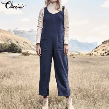 

2020 Celmia Vintage Women Jumpsuits Casual Linen Wide Lag Pants Strappy Dungarees Loose Sleeveless Rompers Plus Size Overalls