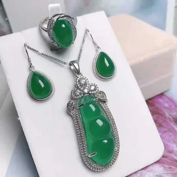 

Ice jade pendant Ring Necklace Earring Set 925 Silver