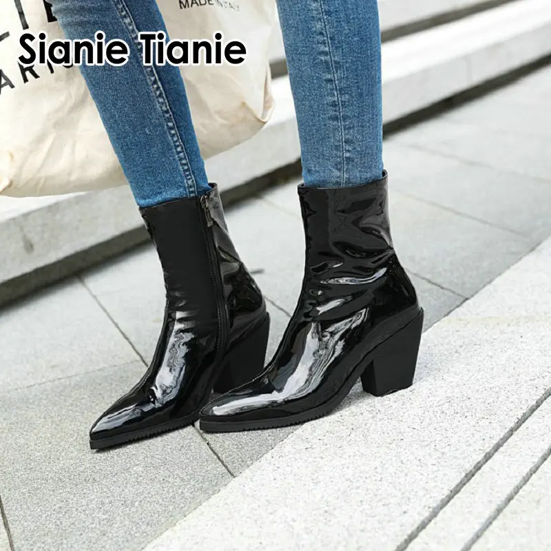 

Sianie Tianie patent PU leather 2019 winter woman shoes pointed toe martin boots chunky high heels women ankle boots size 45 46