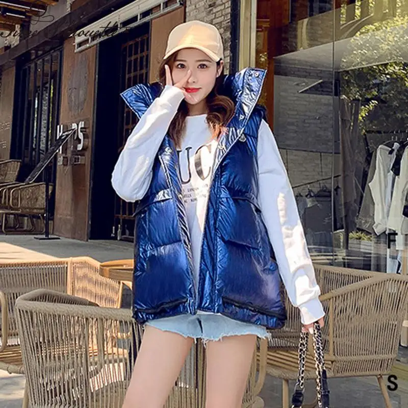 

Winter Vest Women Waistcoat 2019 Sleeveless Female Vest Jacket Hooded Warm Long Gold Glossy Vest Coat Colete Feminino Gilet W16