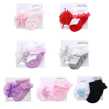 

Casual Newborn Baby Girl Non-slip Stockings Bow-knot Lace Non-Slip Cotton Socks And Headband Set Hot
