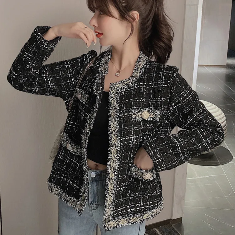 

Autumn Winter Female Elegant Short Tweed woman Jacket Coat women Streetwear Plaid Outerwear mujer chaqueta kobieta kurtka