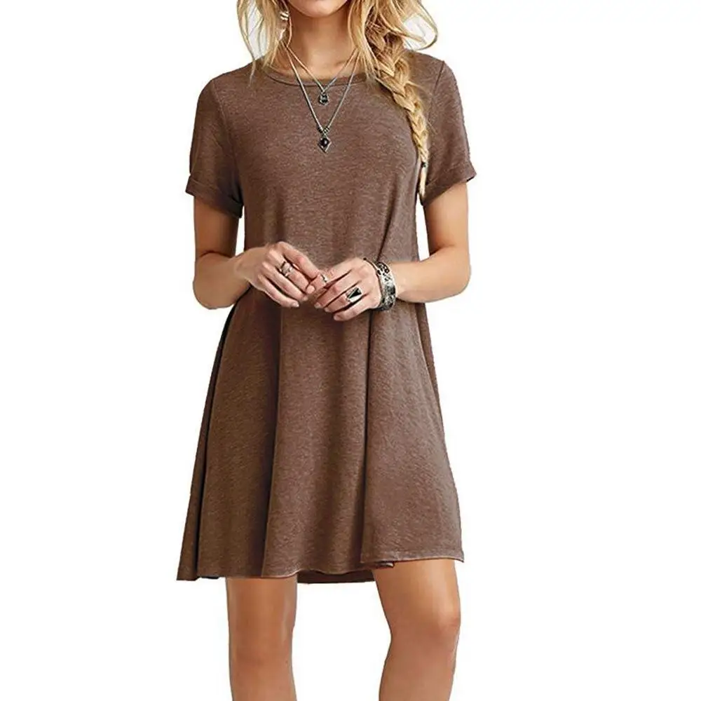 Хит, Осеннее женское платье с длинным рукавом, большой размер, S-2XL, однотонное платье, круглый вырез, короткий рукав, свободное, тонкое, для путешествий, повседневное - Цвет: Coffee