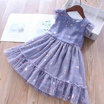 

Girls Dresses 2019 Spring New Children's Wear Girls Sweet Five-Pointed Star Sequins Mesh Sleeveless Ruffled Dress