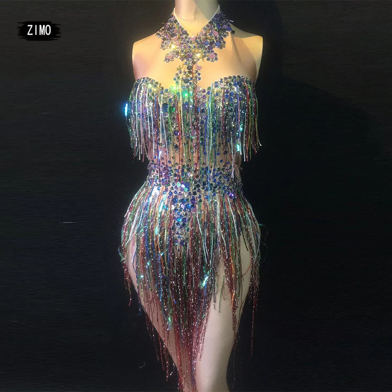 Colorful Tassel Rhinestone Sequin Bodysuit Women Birthday Club Singer