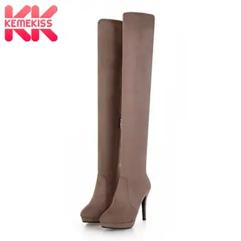 

KemeKiss Over The Knee Boots Women Casual Zipper Stretch Shoes Women Fall Winter Sexy Thin Heels Platform Footwear Size 32-43
