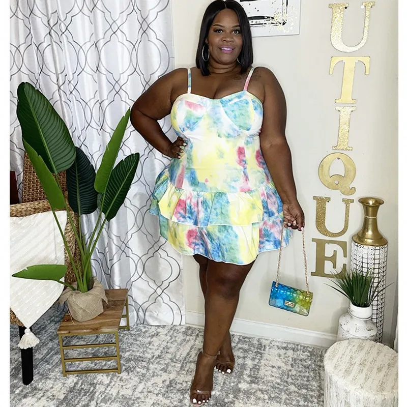 Oversize Summer Dress Plus Size Women Clothing 3XL 4XL5XL Sling Tie Dye Print Fashion Strapless Sexy Slim Cake Dress Vestido