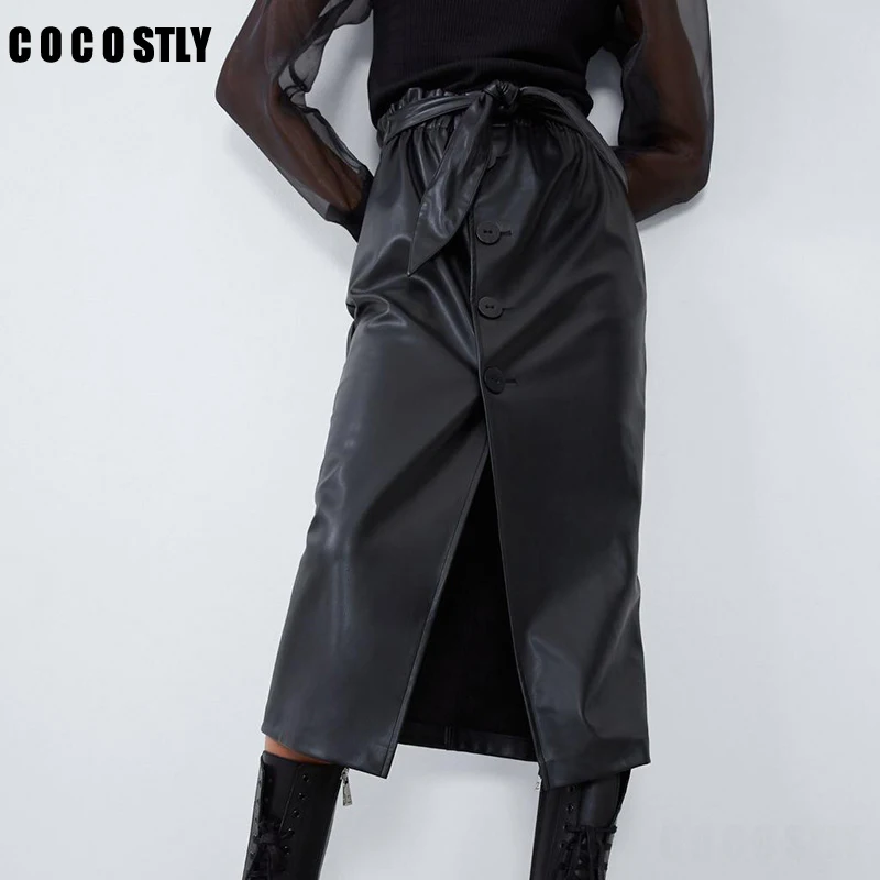 Английская Высокая уличная Высокая талия однобортная юбка из искусственной кожи с поясом Женская юбка faldas mujer moda 2020 миди юбки для женщин