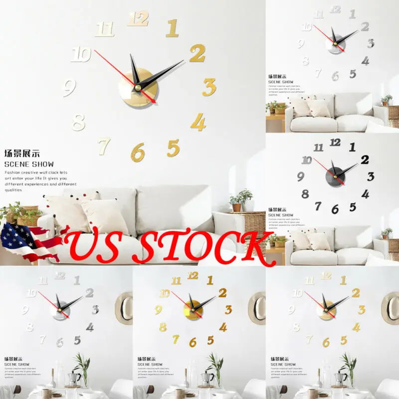US Modern Large Wall Clock 3D Mirror Sticker Unique Big Number Watch DIY Decor