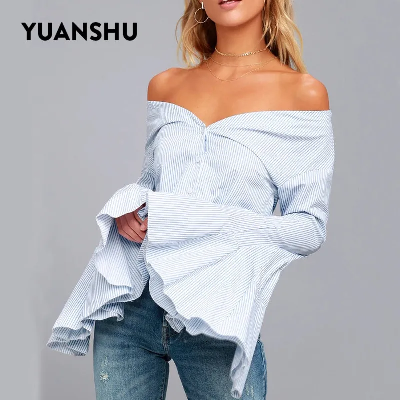 YUNSHU сексуальное платье в полоску с открытыми плечами Для женщин рубашка