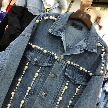 

Female Jacket 2020 Spring New Ins Large Pearl Beaded Loose-Fit Casual Long-Sleeve Denim Short Jacket Coat Ropa Mujer Chaqueta