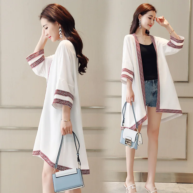 

2018 New Style Ethnic-Style Cardigan Women's Mid-length Beach Sunscreen Thin Airable Shirt Chiffon Shawl Coat Summer