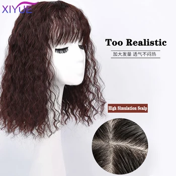 

XIYUE Top Hair Pieces with Bangs Hand-made Half Head Wig Corn Curly Natural Fluffy Invisible Replacement Synthetic Hair Piece