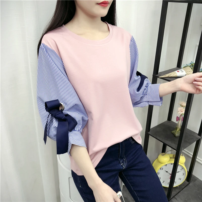 Dingaozlz Spring Autumn New Korean Casual Tops Fake Two Pieces Loose Stripe shirt lantern sleeve Women blouse