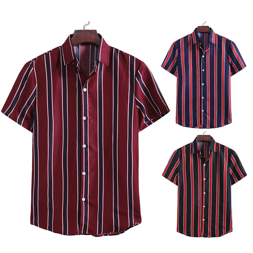 Men's Summer Fashion Shirt Red Striped Printed Short-Sleeved Comfortable Top Men Clothing платье рубашка#GH | Мужская