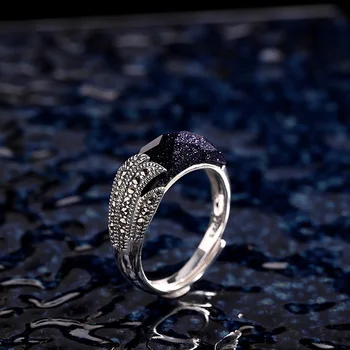 

S925 Fine Silver Accessories Classic Style Split Surface Adjustable Thai Silver Women's Blue San Ring Rings