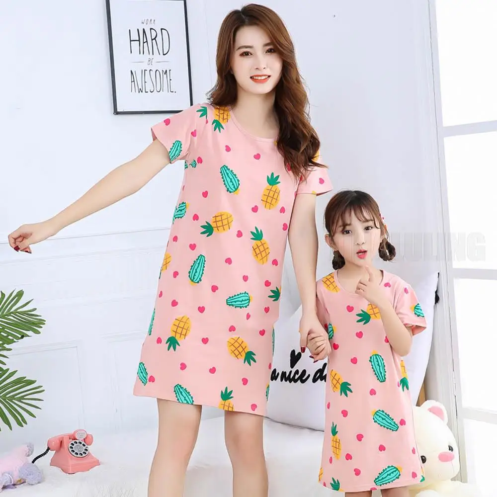Night Dress for Mother and Daughter Summer Short Sleeve Animal Cartoon Family Pajamas Baby Girls Clothes Family Matching Clothes