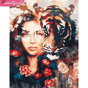 

Paint By Number Tiger and girl Drawing On Canvas Hand Painted Painting Art Gift DIY Pictures By Numbers Home Decor