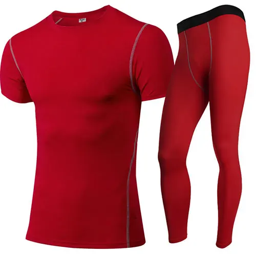 red set Мужские компрессионные колготки, набор для бега, спортивный костюм для фитнеса, короткая футболка, леггинсы, штаны, спортивный костюм, комплект для йоги, мужская спортивная одежда - Цвет: red set