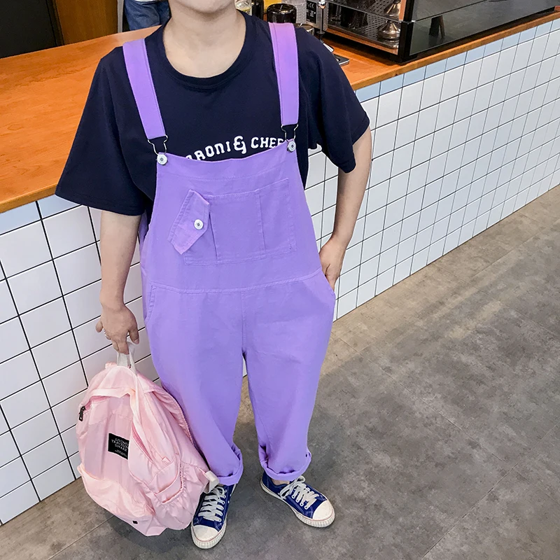 Комбинезоны для женщин с буквенным принтом фиолетовый Harajuku простой в Корейском стиле студенческие женские Комбинезоны свободные Kawaii повседневные до середины икры шик