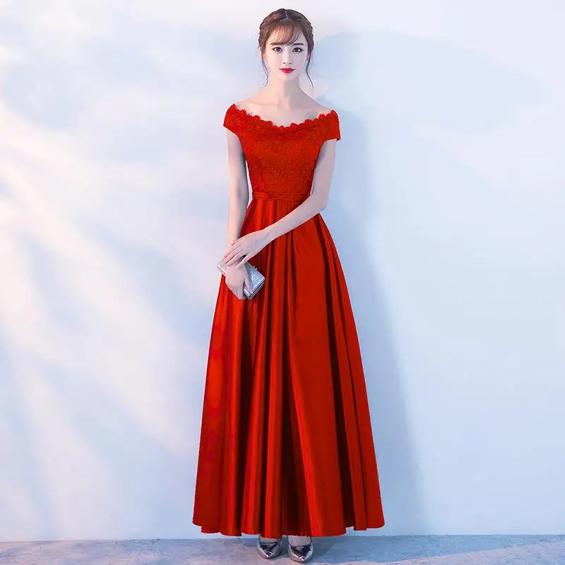Мини вечернее платье цвета шампанского для женщин, атласное, Qipao, сексуальное, с открытыми плечами, Cheongsam Novalty, сексуальные китайские повседневные платья Vestidos - Цвет: burgundy long