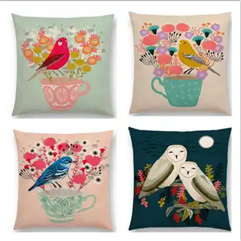

Cute Bird Style Cotton Linen Pillow Case Waist Throw Cushion Case Home Room Decorative Pillowcases