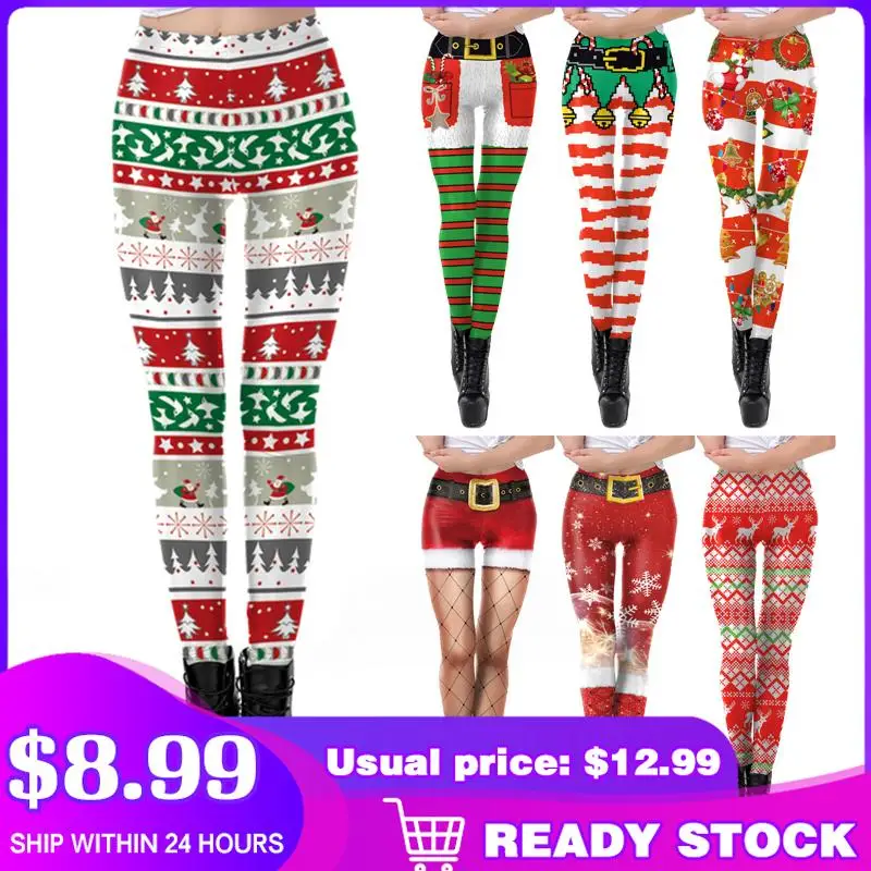 Happy XMAS Christmas Gift Party Long Pants Colourful Print Elastic Women Legging Tight Cute Sexy Trousers Capris In Stock womens weetlook leather yoga leggings running gym fitness workout trousers high waist stretchy tight pants party clubwear